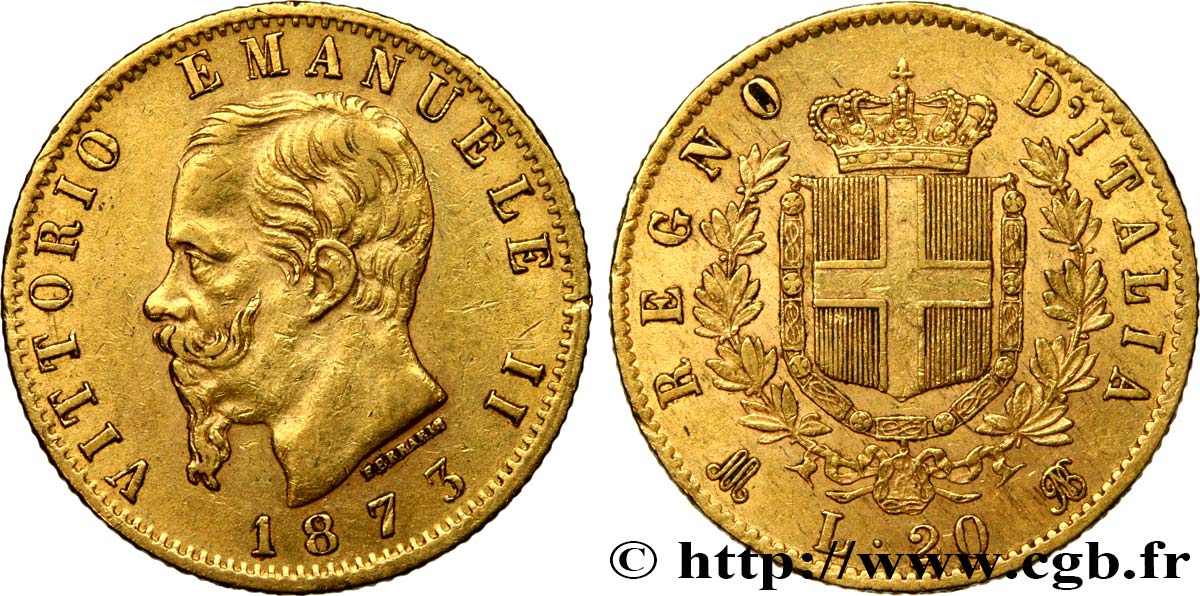 INVESTMENT GOLD 20 Lire Victor Emmanuel II 1873 Milan AU 