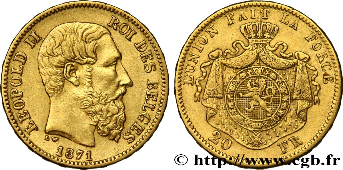INVESTMENT GOLD 20 Francs Léopold II 1871 Bruxelles MBC+ 