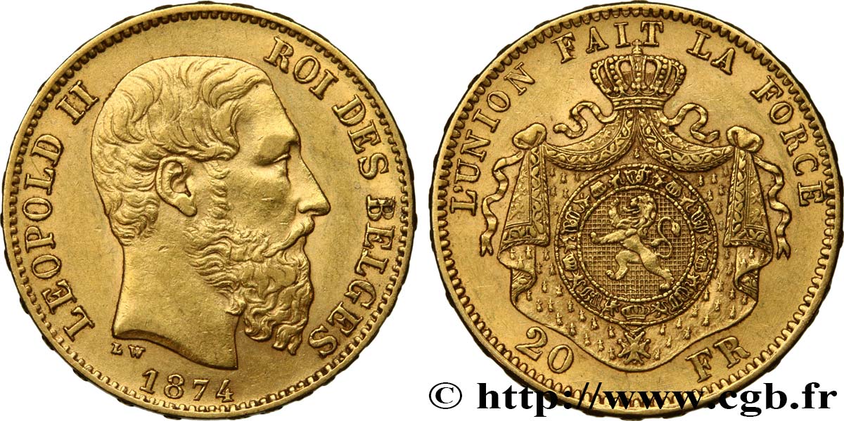 INVESTMENT GOLD 20 Francs Léopold II 1874 Bruxelles AU 