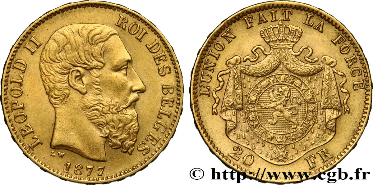 INVESTMENT GOLD 20 Francs Léopold II 1877 Bruxelles fVZ 