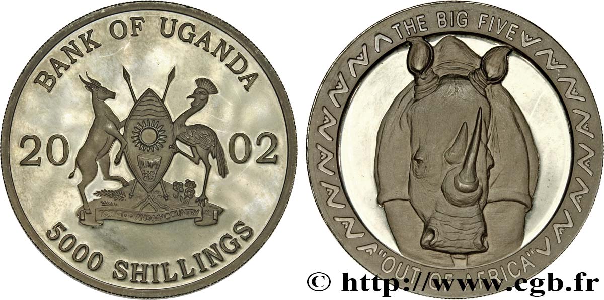 UGANDA 5000 Shillings Proof Rhinocéros 2002  MS 