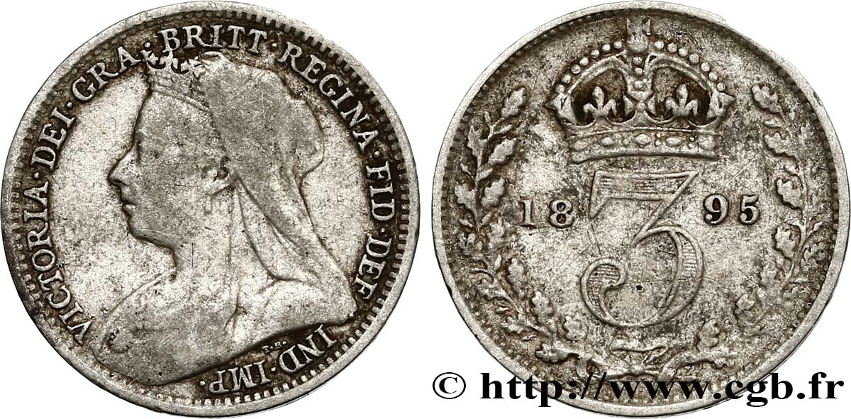 UNITED KINGDOM 3 Pence Victoria “Old Head” 1895  VF 