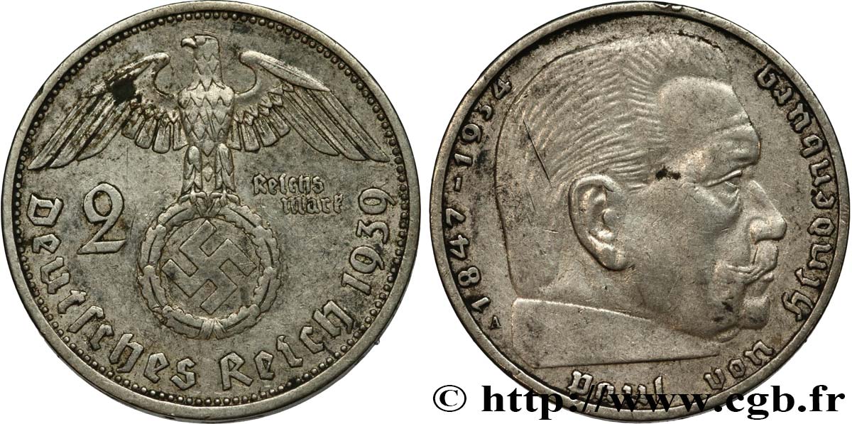 GERMANY 2 Reichsmark aigle surmontant une swastika / Maréchal Paul von Hindenburg 1939 Berlin AU 