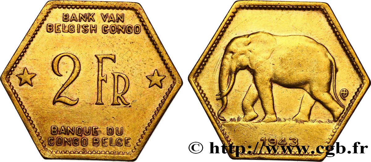 BELGIAN CONGO 2 Francs éléphant 1943  VF 