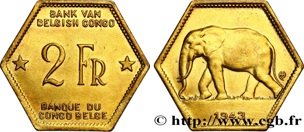 CONGO BELGA 2 Francs éléphant 1943  BB 