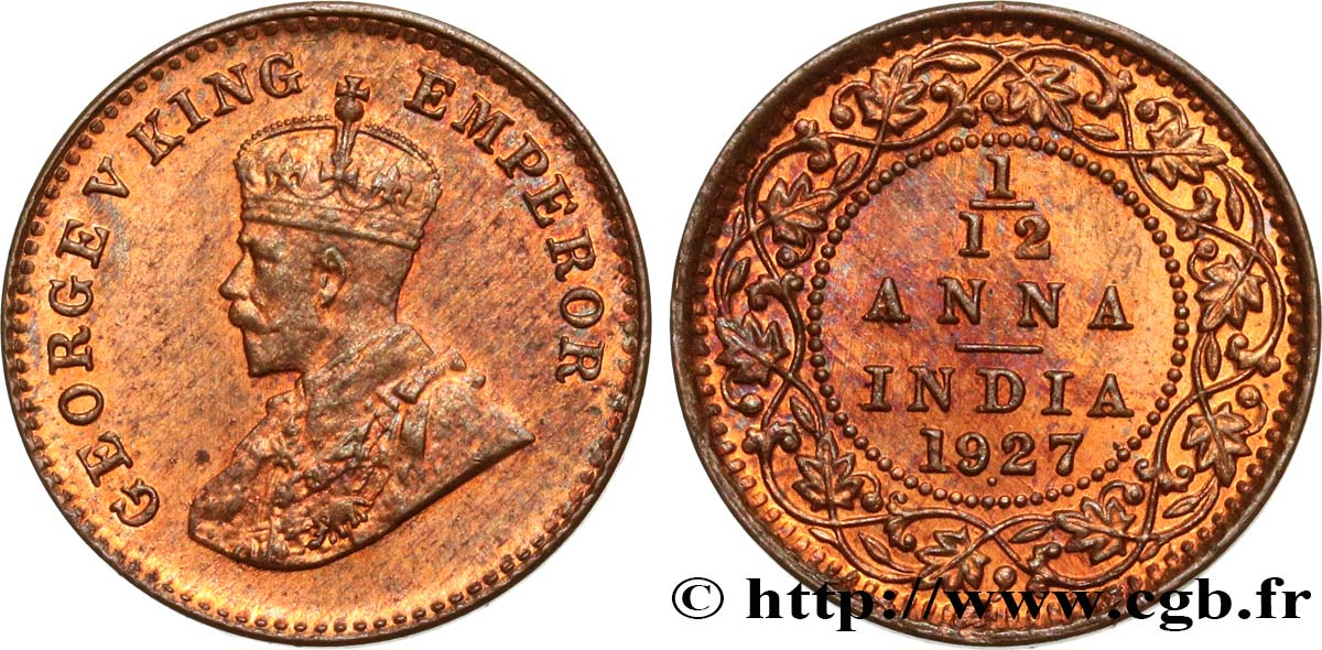 BRITISH INDIA 1/12 Anna (1 Pie) Georges V 1927 Calcutta MS 