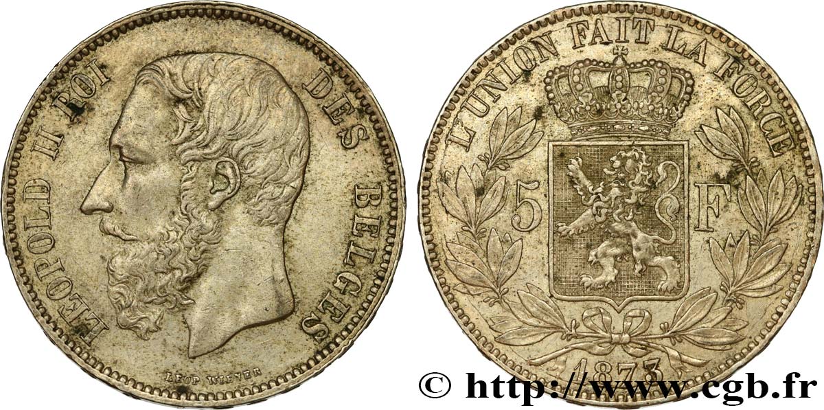 BELGIQUE 5 Francs Léopold II 1873  TTB 