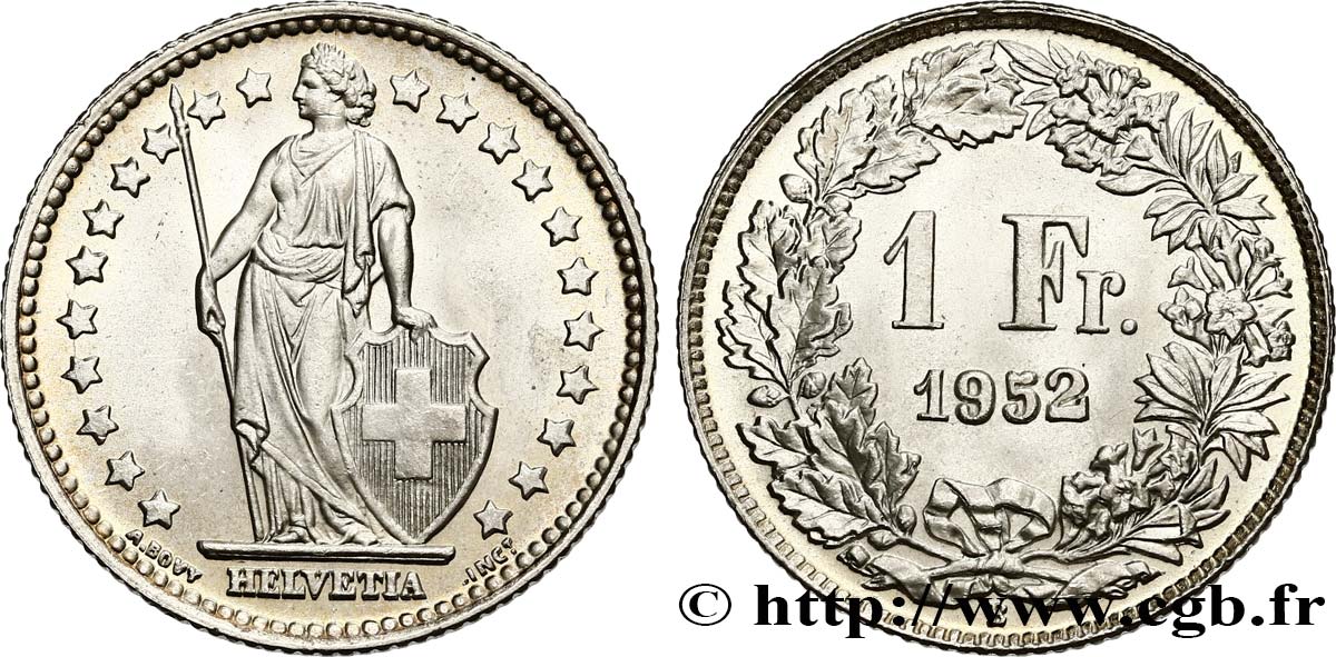 SUISSE 1 Franc Helvetia 1952 Berne FDC 