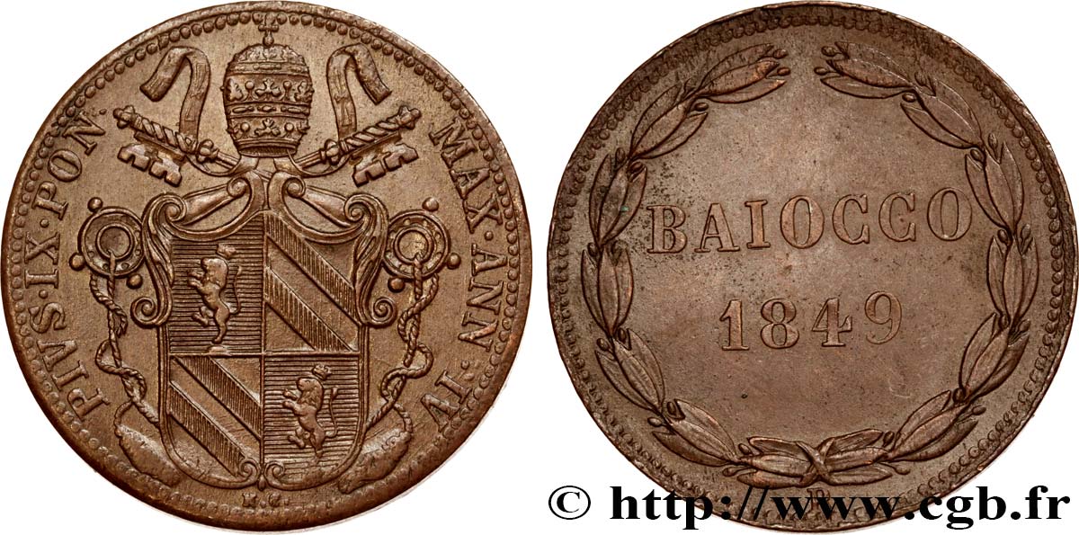 ITALIA - ESTADOS PONTIFICOS - PIE IX (Giovanni Maria Mastai Ferrettii) 1 Baiocco 1849 Rome EBC 