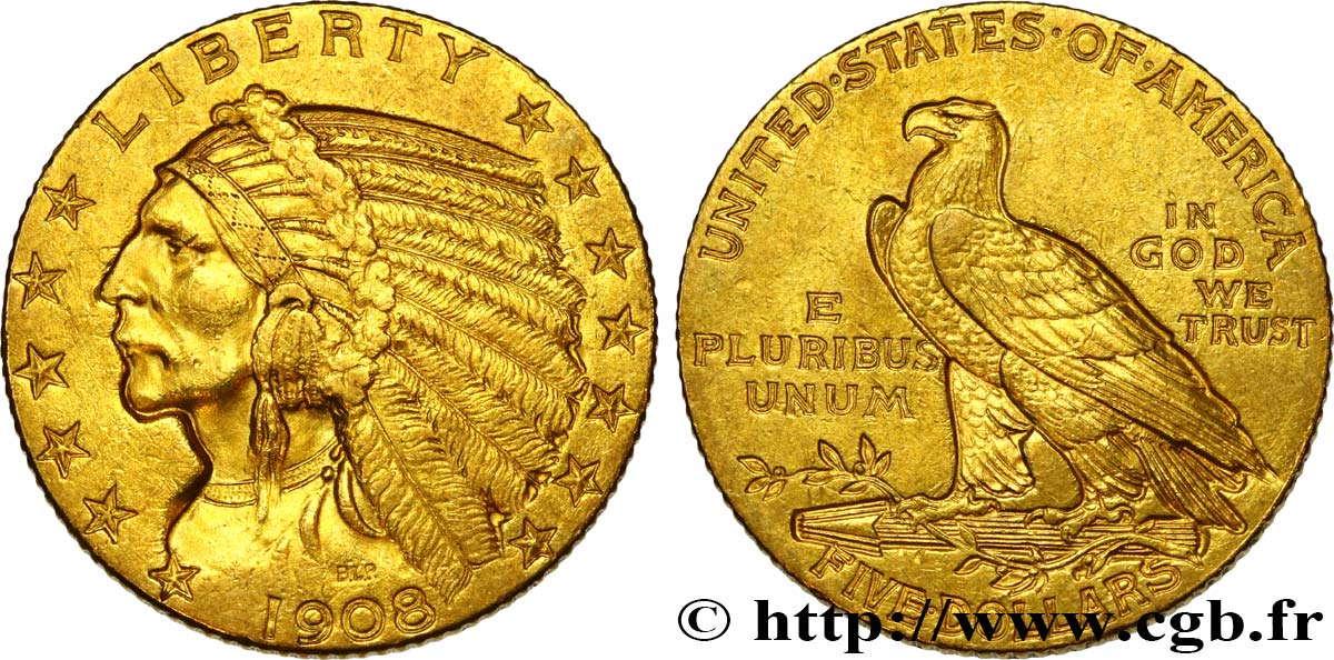 ÉTATS-UNIS D AMÉRIQUE 5 Dollars or  Indian Head  1908 Philadelphie SUP 