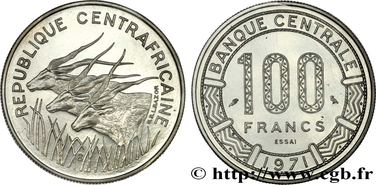 CENTRAFRIQUE Essai de 100 Francs antilopes 1971 Paris FDC 