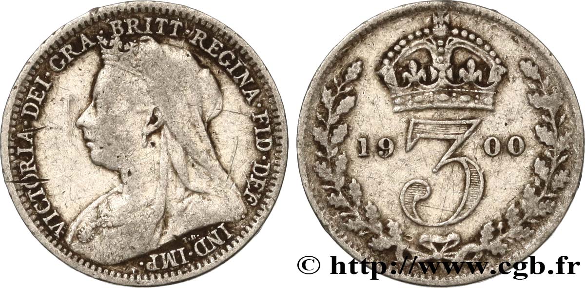 ROYAUME-UNI 3 Pence Victoria buste au voile 1900  TB+ 