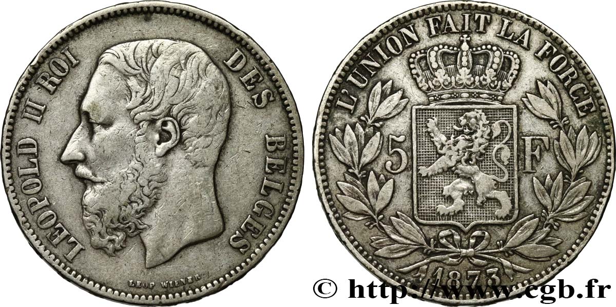 BELGIQUE 5 Francs Léopold II 1873  TTB 