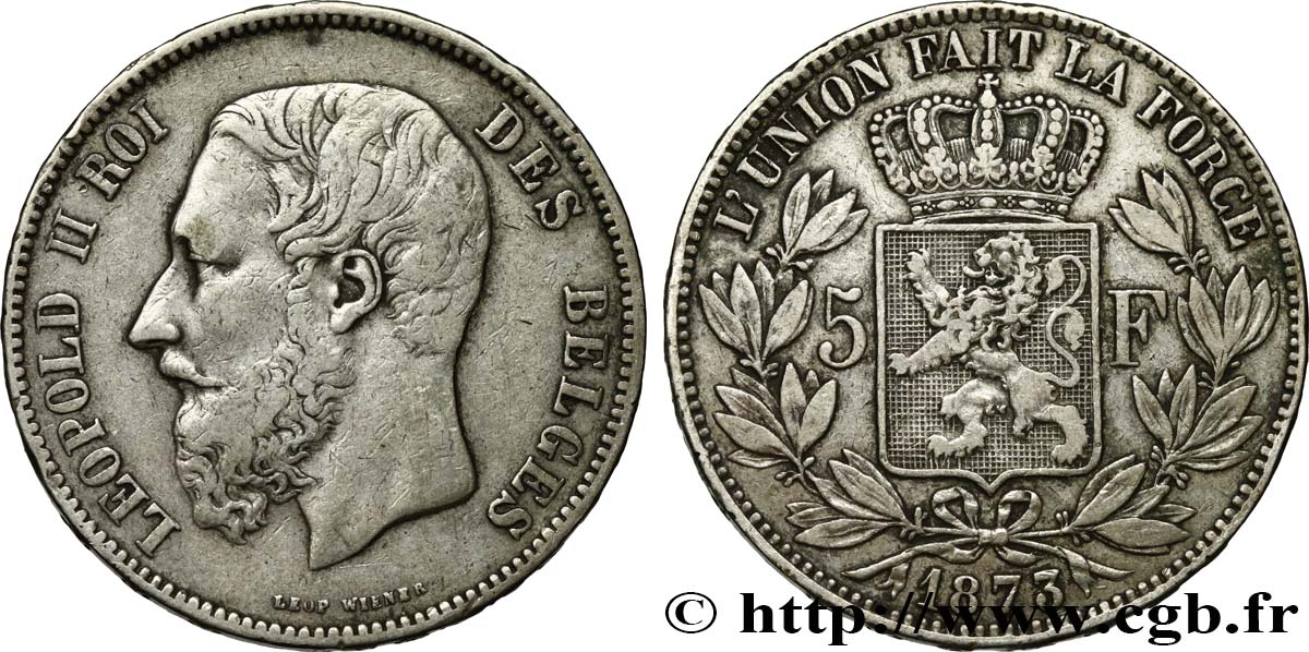 BÉLGICA 5 Francs Léopold II 1873  MBC 