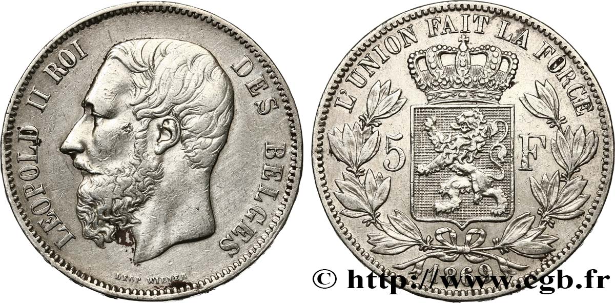 BÉLGICA 5 Francs Léopold II 1869  BC+ 