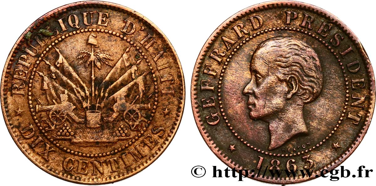 HAITI 10 Centimes président Geffrard 1863 Heaton MBC 