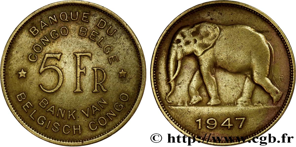 BELGIAN CONGO 5 Francs éléphant 1947  XF 