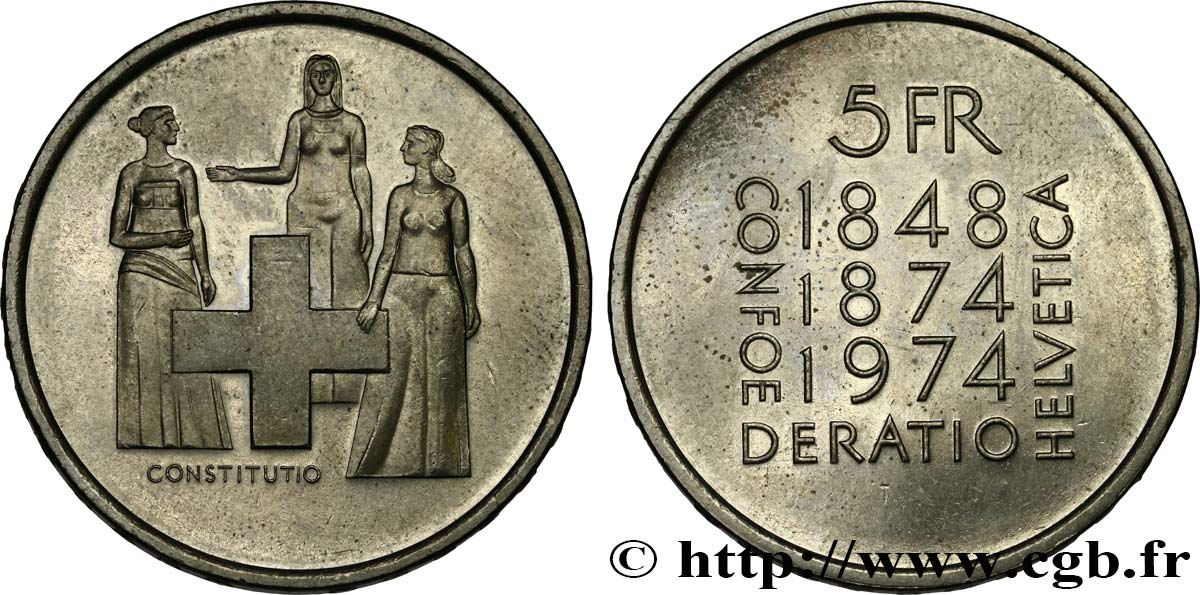 SUISSE 5 Francs centenaire de la révision de la constitution 1974 Berne - B SUP 
