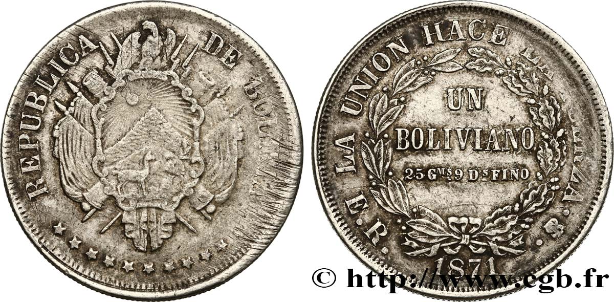 BOLIVIA 1 Boliviano 1871 Potosi VF/XF 