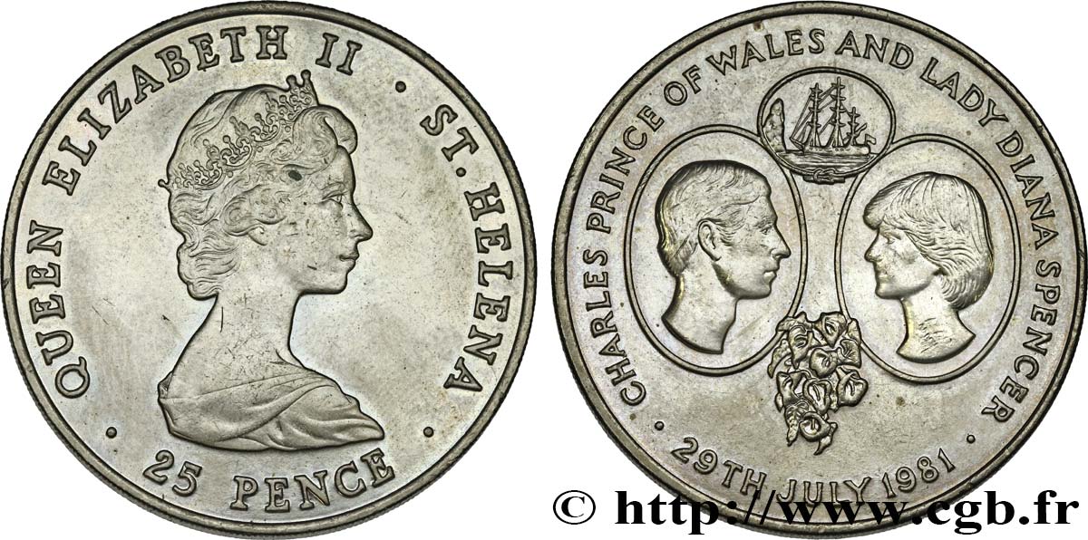 SAINTE HÉLÈNE 25 Pence mariage du Prince de Galles et de Lady Diana Spencer 1981  SPL 