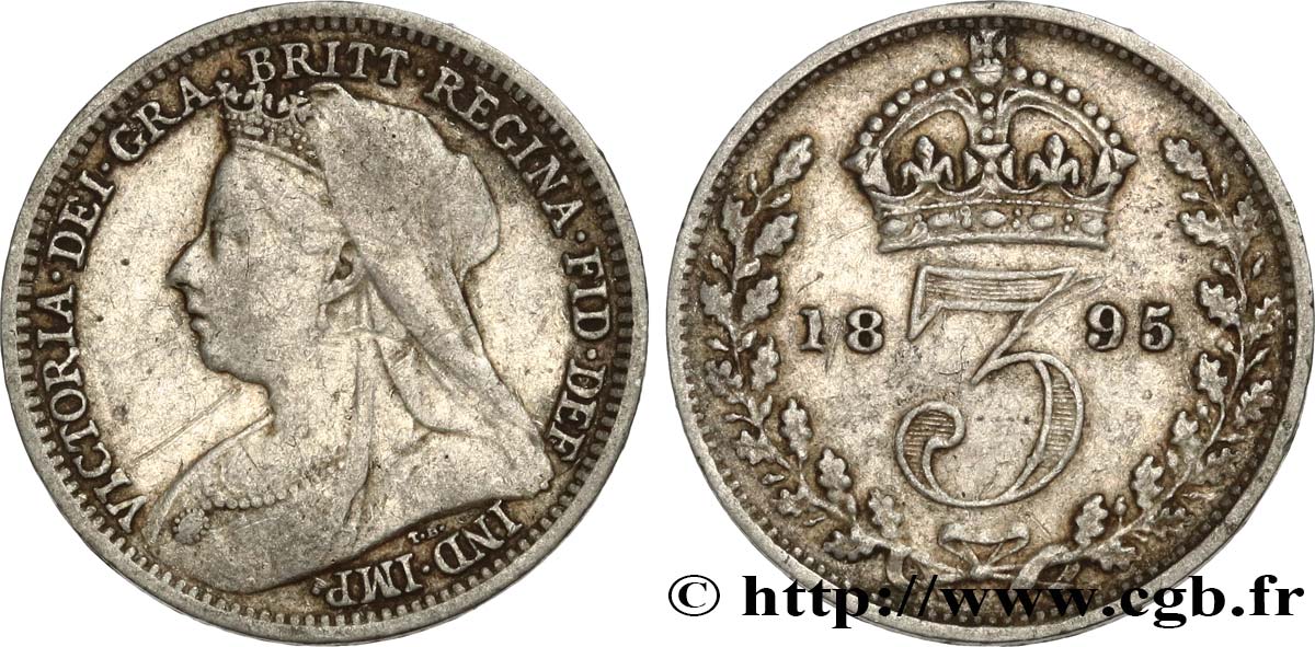 UNITED KINGDOM 3 Pence Victoria “Old Head” 1895  VF 