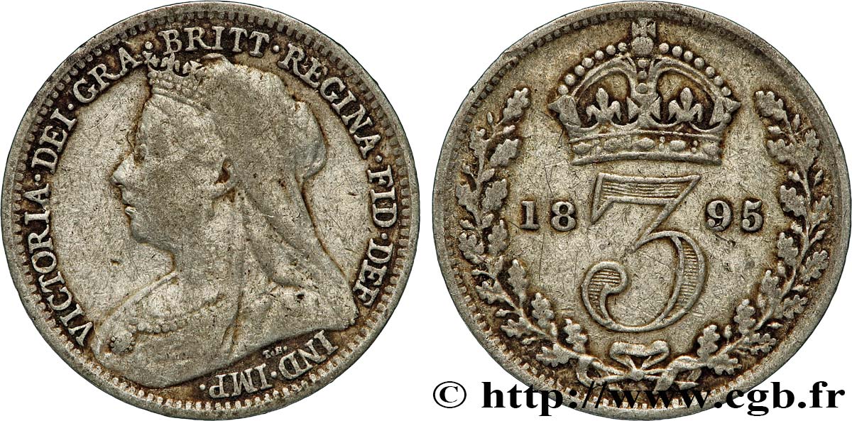 ROYAUME-UNI 3 Pence Victoria “Old Head” 1895  TB+ 