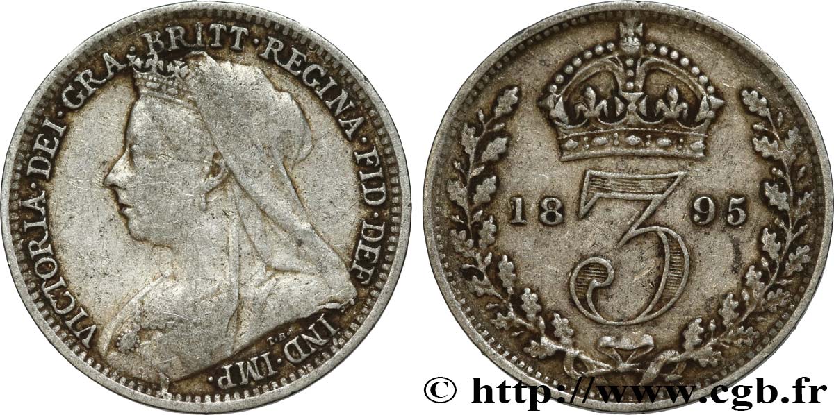 REINO UNIDO 3 Pence Victoria “Old Head” 1895  BC+ 