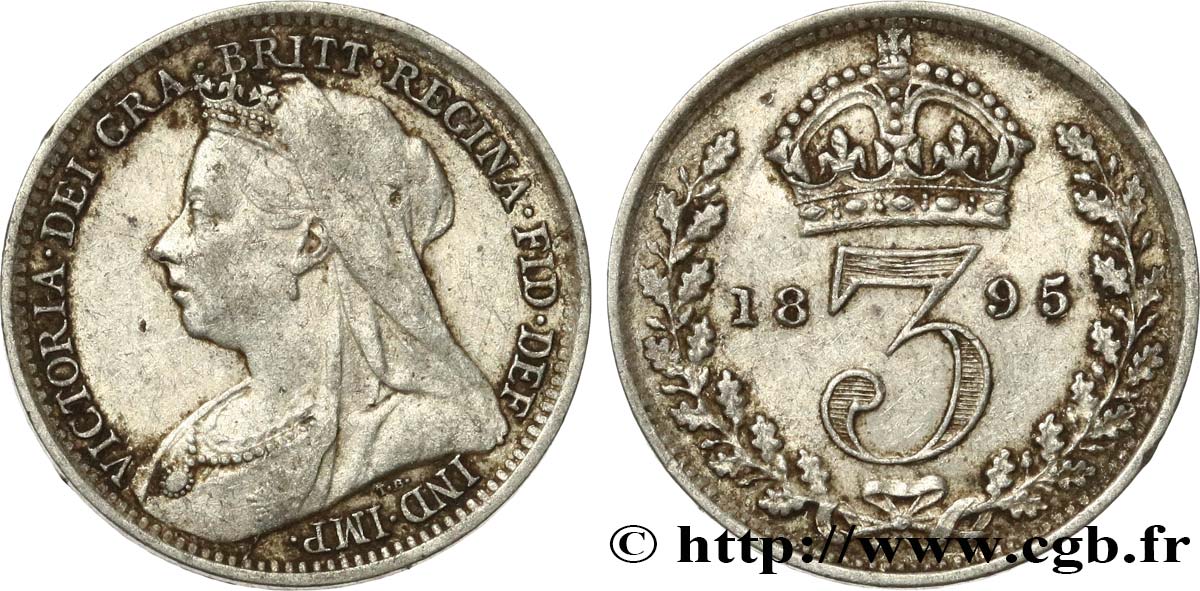 UNITED KINGDOM 3 Pence Victoria “Old Head” 1895  VF 