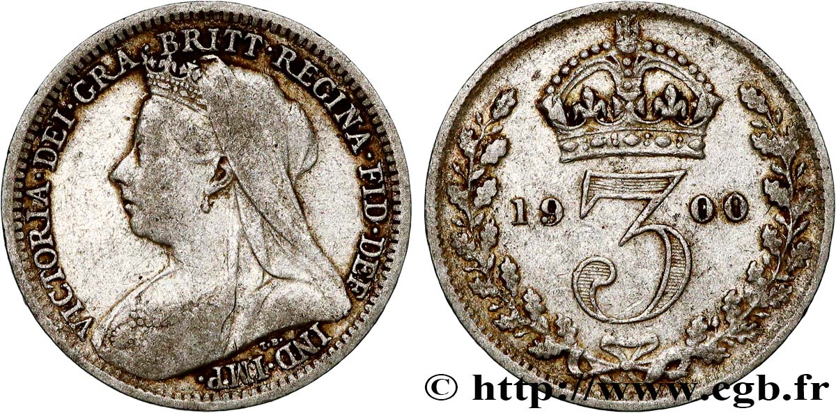 ROYAUME-UNI 3 Pence Victoria buste au voile 1900  TB+ 
