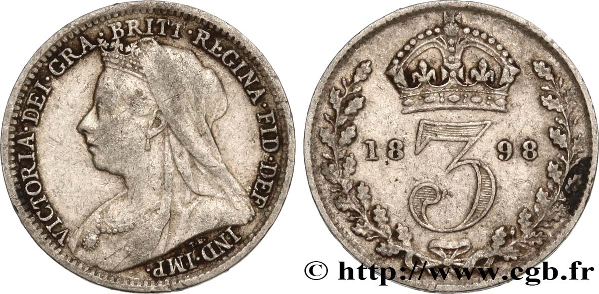 REINO UNIDO 3 Pence Victoria “Old Head” 1898  BC+ 