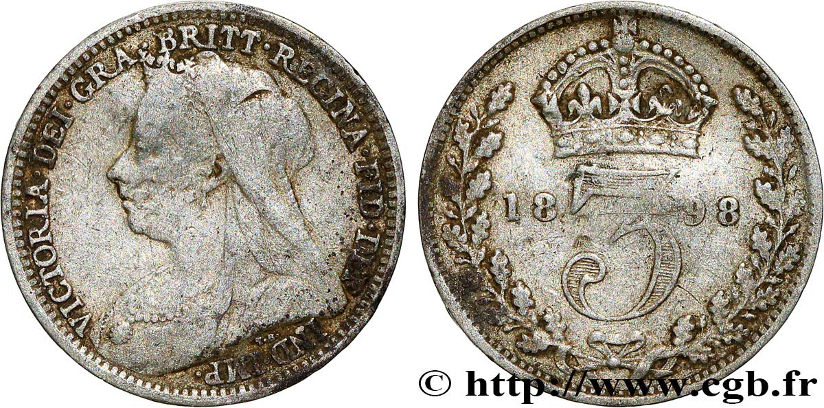 UNITED KINGDOM 3 Pence Victoria “Old Head” 1898  VF 