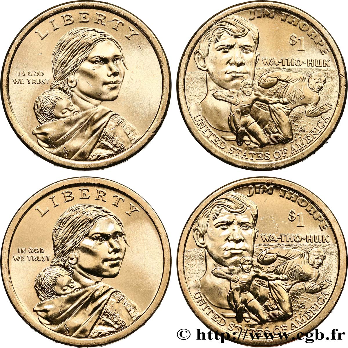 ESTADOS UNIDOS DE AMÉRICA Lot de deux monnaies 1 Dollar Jim Thorpe 2018 Philadelphie + Denver SC 