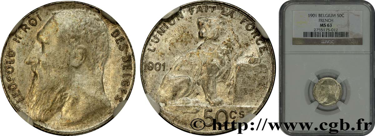 BELGIUM 50 Centimes Léopold II légende française 1901  MS63 NGC