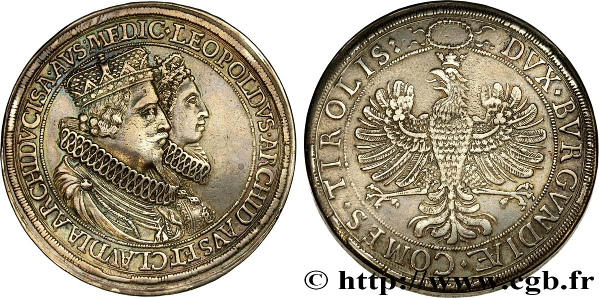AUTRICHE - COMTÉ DE TYROL - LÉOPOLD V ET CLAUDE DE MÉDICIS Double thaler n.d. Hall TTB+ 
