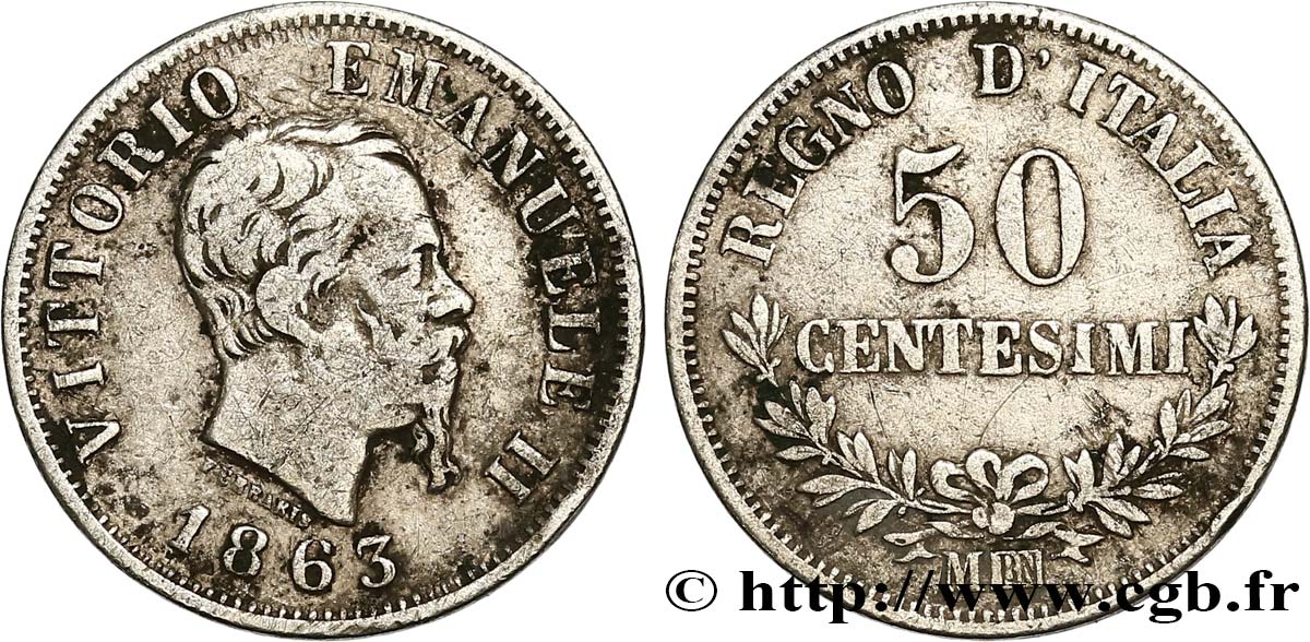ITALIE 50 Centesimi Victor Emmanuel II 1863 Milan TB 