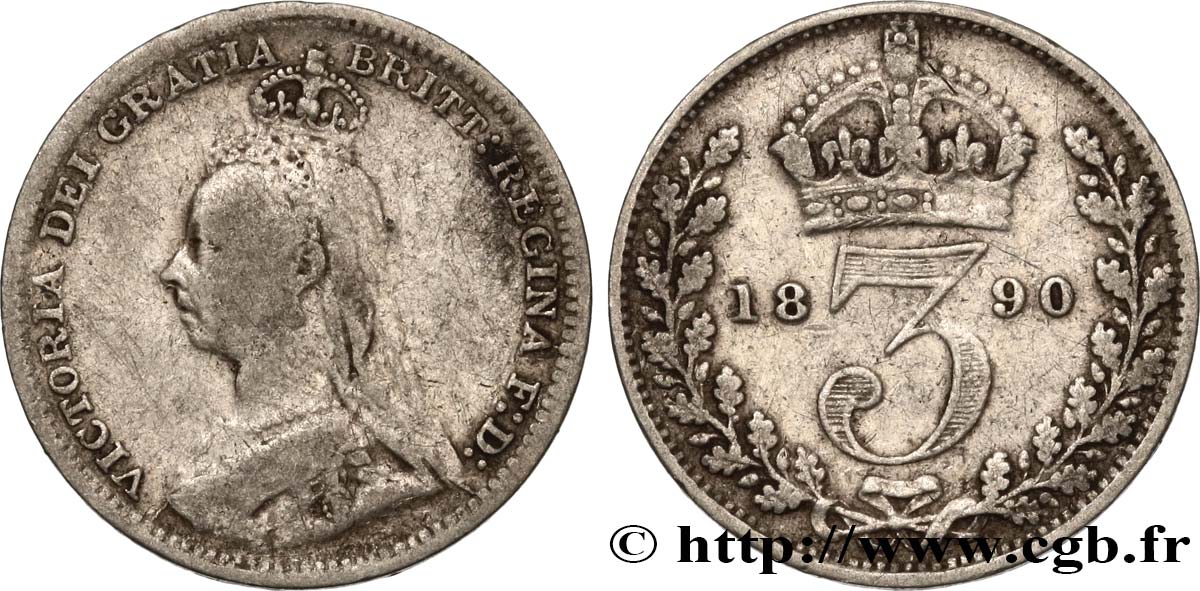 UNITED KINGDOM 3 Pence Victoria buste du jubilé 1890  VF 