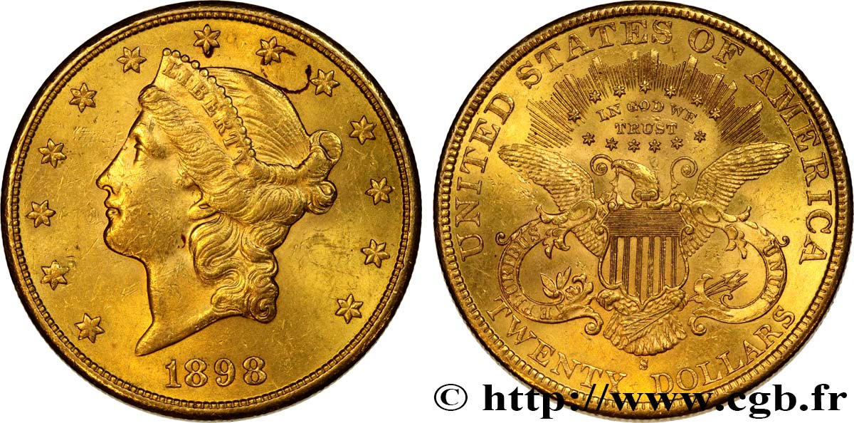 INVESTMENT GOLD 20 Dollars  Liberty  1898 San Francisco AU/MS 