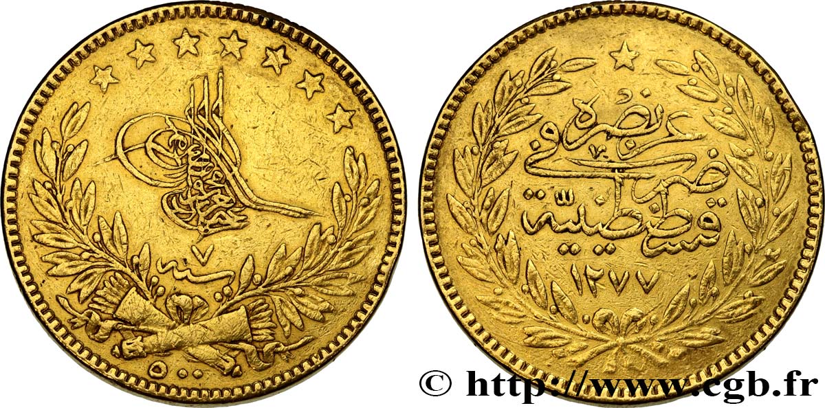 TURQUIE 500 Piastres AH1277/7 Abdoul Aziz 1868 Constantinople TTB 