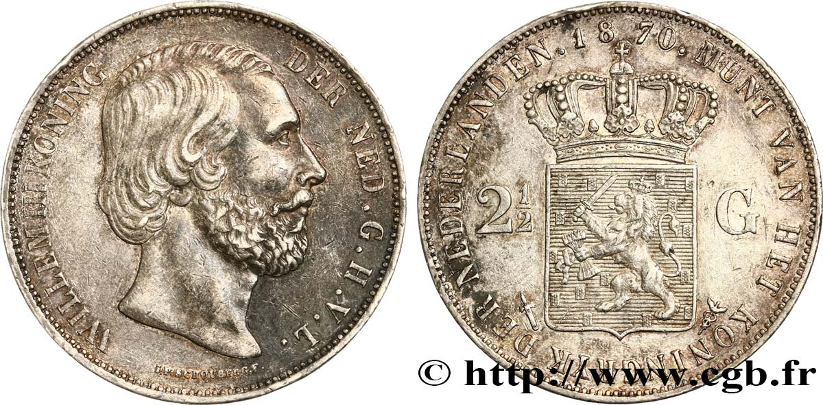 NETHERLANDS 2 1/2 Gulden Guillaume III 1870 Utrecht AU 