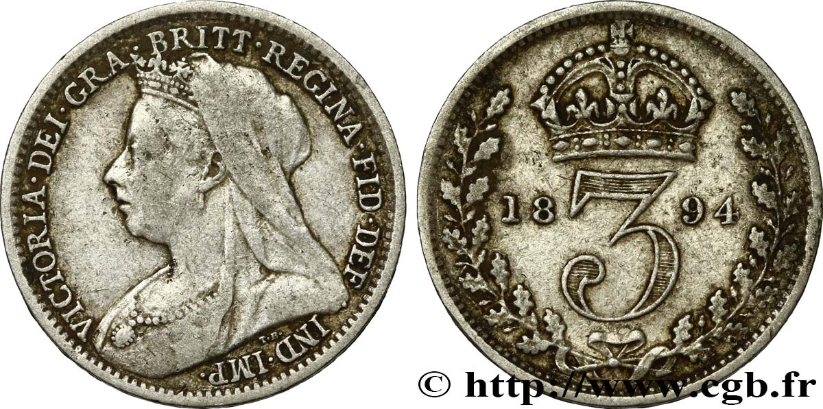 ROYAUME-UNI 3 Pence Victoria “Old head” 1894  TB+ 