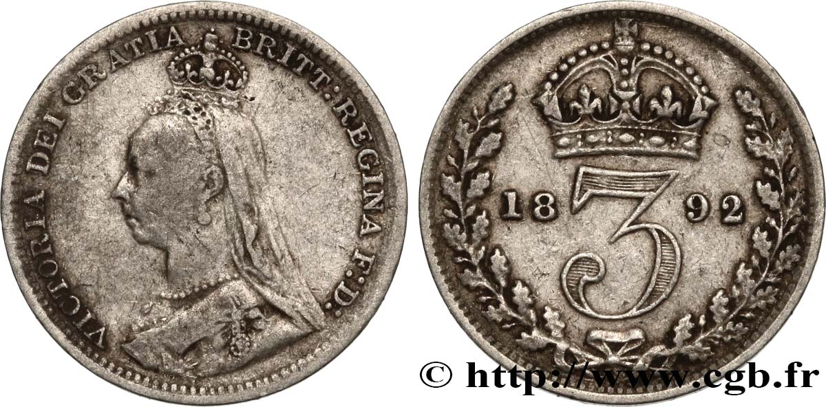 REINO UNIDO 3 Pence Victoria buste du jubilé 1892  BC 