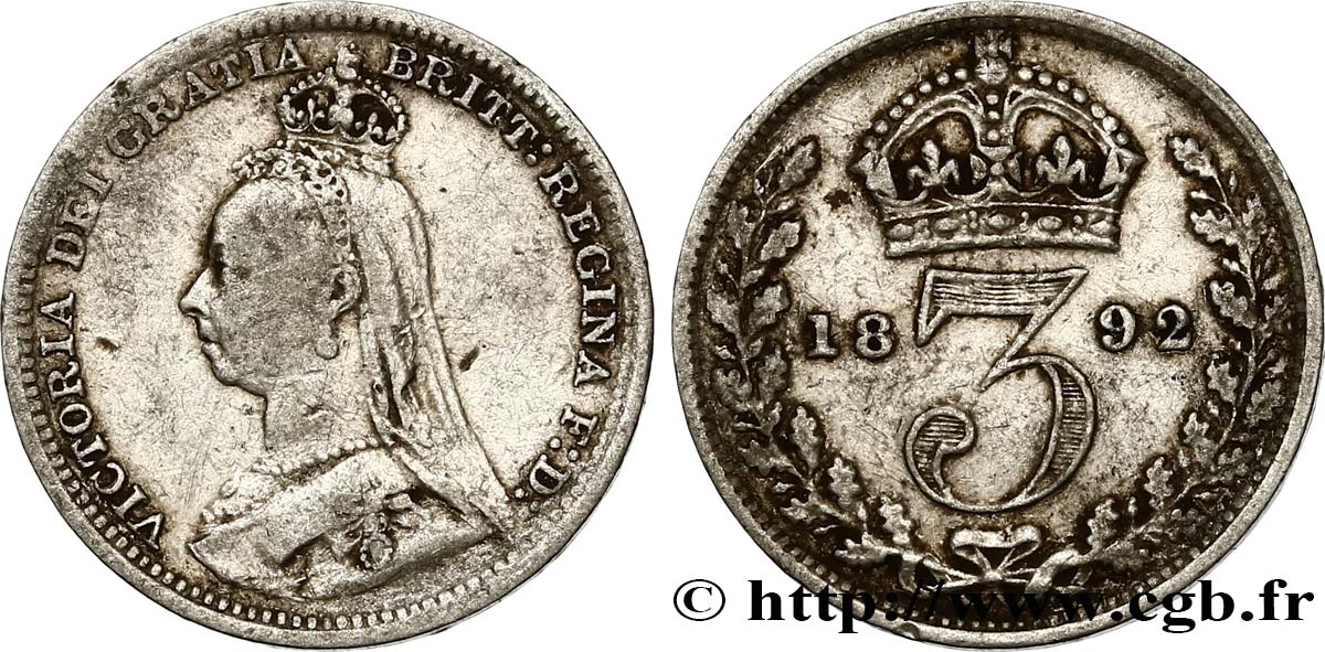 REINO UNIDO 3 Pence Victoria buste du jubilé 1892  BC 