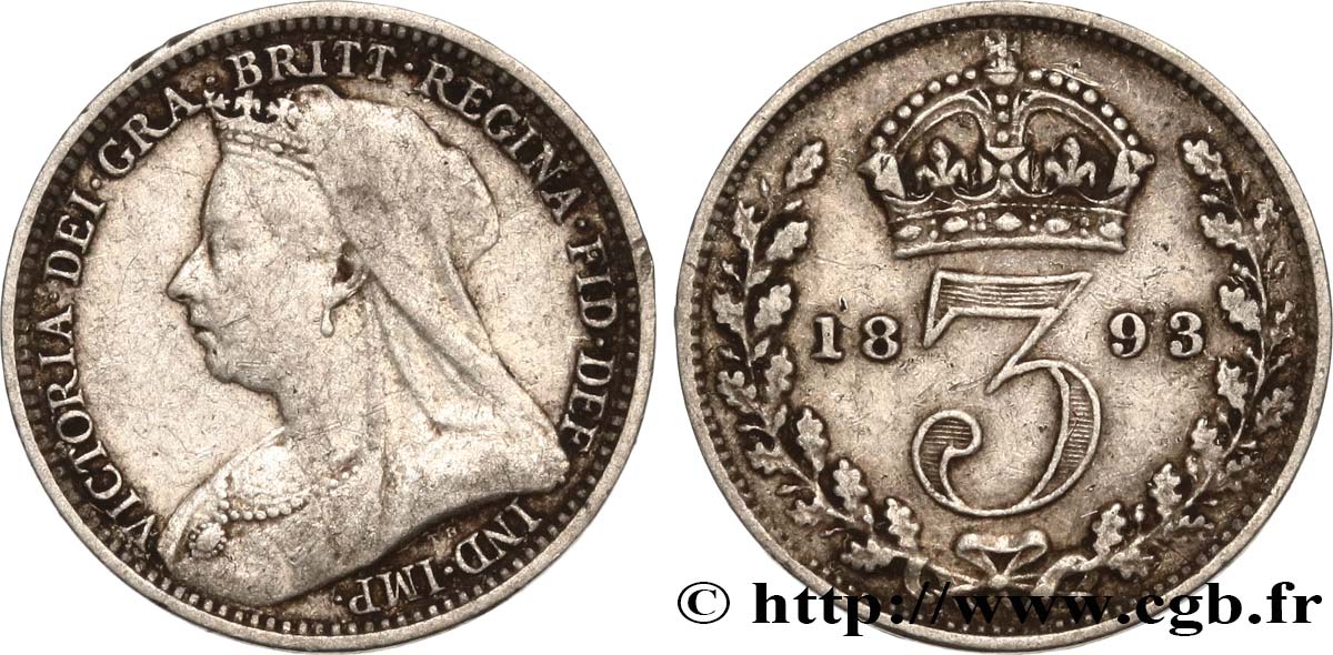 REGNO UNITO 3 Pence Victoria “Old Head” 1893  MB/SPL 