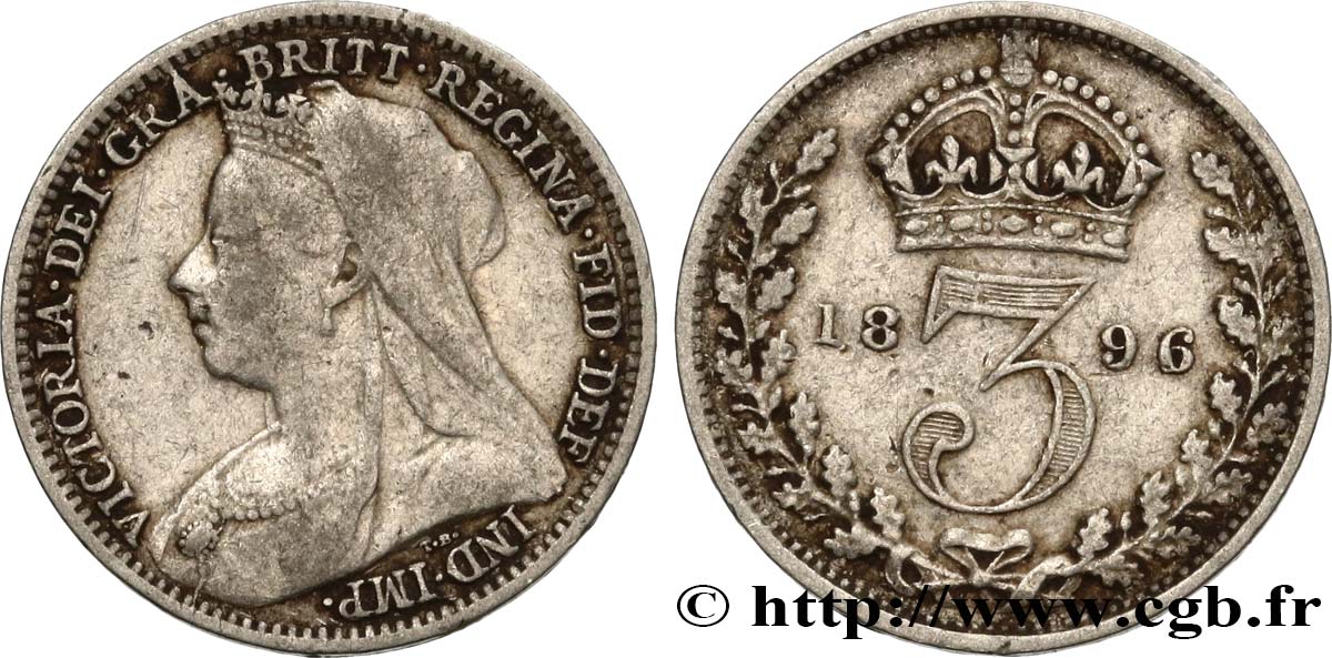 UNITED KINGDOM 3 Pence Victoria “Old Head” 1896  VF 