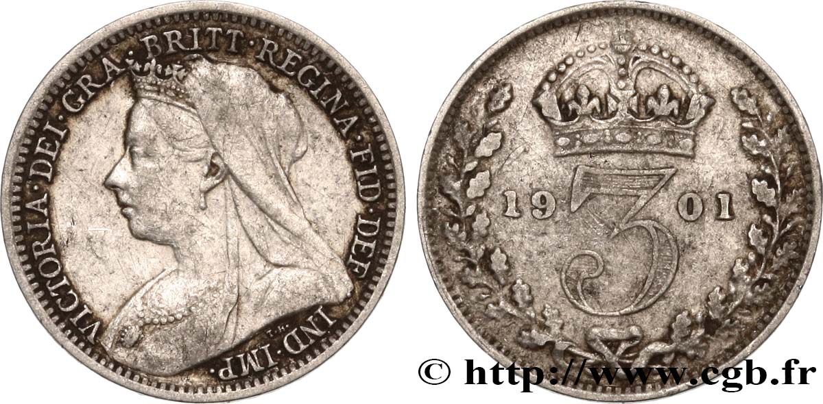 UNITED KINGDOM 3 Pence Victoria buste au voile 1901  VF 