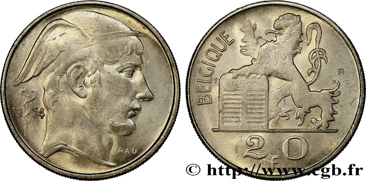 BELGIUM 20 Francs Mercure, légende française 1954  AU 