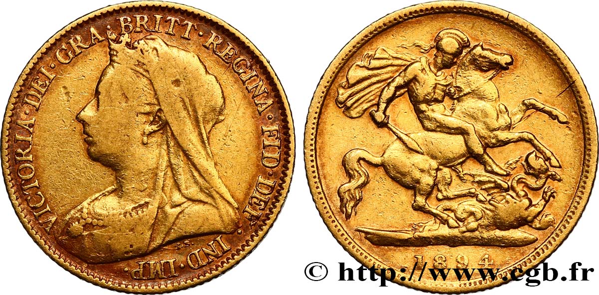 INVESTMENT GOLD 1/2 Souverain Victoria 1894 Londres VF 