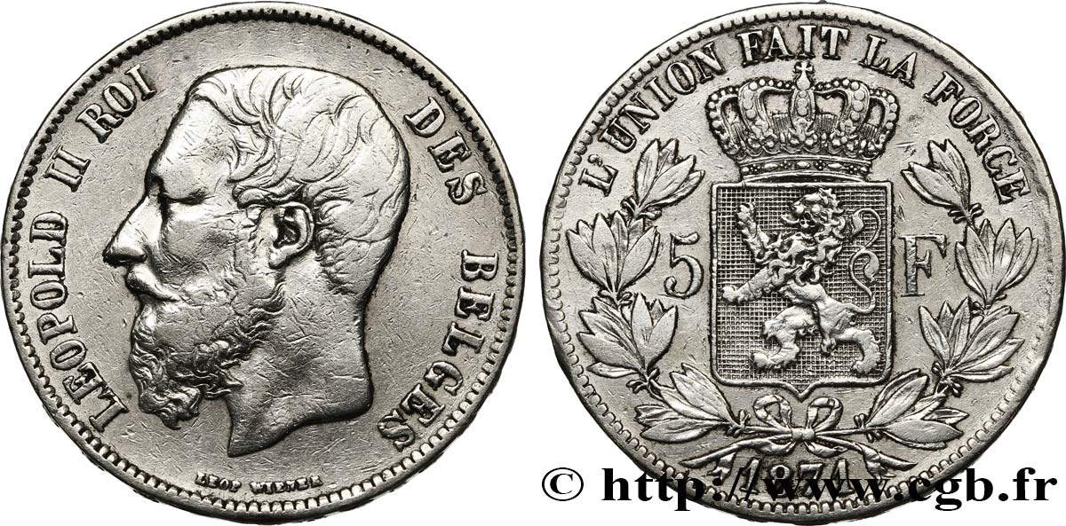 BELGIEN 5 Francs Léopold II 1871  S 