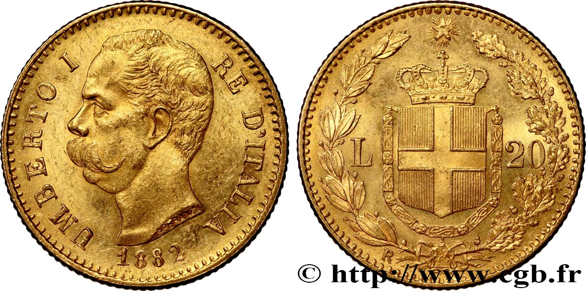 INVESTMENT GOLD 20 Lire Umberto Ier 1882 Rome SC 