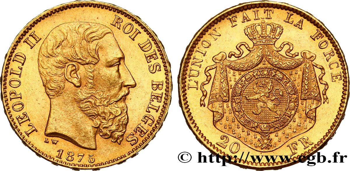 BELGIUM 20 Francs Léopold II 1875 Bruxelles MS 